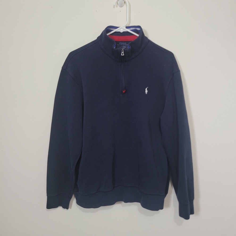 Polo Ralph Lauren Large Quarter-Zip Pullover Mens Navy Blue‎ White Pony Logo
